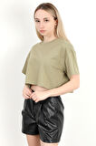 Kadın Bisiklet Yaka Salaş Basic T-Shirt Haki - 925007
