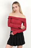 Kadın Madonna Yaka Uzun Kollu Bürümcük Bluz Bordo - MS0000589