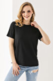 Kadın Bisiklet Yaka Bürümcük Basic T-Shirt Siyah - 254413