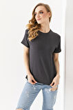 Kadın Bisiklet Yaka Bürümcük Basic T-Shirt Antrasit - 254413
