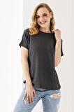 Kadın Bisiklet Yaka Bürümcük Basic T-Shirt Antrasit - 254413