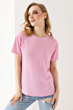 Kadın Bisiklet Yaka Bürümcük Basic T-Shirt Pembe - 254413