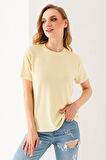 Kadın Bisiklet Yaka Bürümcük Basic T-Shirt Sarı - 254413
