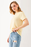 Kadın Bisiklet Yaka Bürümcük Basic T-Shirt Sarı - 254413