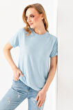 Kadın Bisiklet Yaka Bürümcük Basic T-Shirt Mavi - 254413