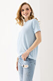 Kadın Bisiklet Yaka Bürümcük Basic T-Shirt Mavi - 254413