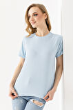 Kadın Bisiklet Yaka Bürümcük Basic T-Shirt Mavi - 254413