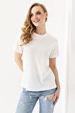 Kadın Bisiklet Yaka Bürümcük Basic T-Shirt Beyaz - 254413