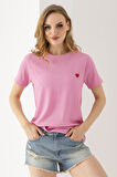 Kadın Bisiklet Yaka Kalp Nakışlı Bürümcük T-Shirt Pembe - 254427