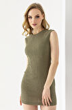 Kadın Bisiklet Yaka Kolsuz Dokulu Elbise Haki - MS0000576