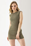 Kadın Bisiklet Yaka Kolsuz Dokulu Elbise Haki - MS0000576