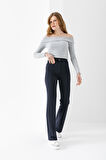 Kadın Yüksek Bel Toparlayıcı Likralı Bol Paça Pantolon Lacivert - 5111