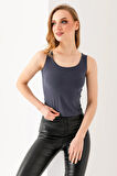 Kadın Askılı Bisiklet Yaka Basic Bluz Füme - 25Y 2409