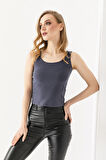 Kadın Askılı Bisiklet Yaka Basic Bluz Füme - 25Y 2409
