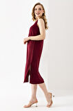 Kadın Bisiklet Yaka Kolsuz Yırtmaçlı Elbise Bordo - 25Y 6267
