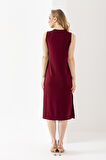 Kadın Bisiklet Yaka Kolsuz Yırtmaçlı Elbise Bordo - 25Y 6267