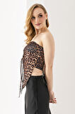 Kadın Büzgülü Asimetrik Kesim Straplez Bluz Leopar - 2453