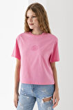 Kadın Bisiklet Yaka Baskılı %100 Pamuklu T-Shirt Pembe - 925024