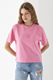 Kadın Bisiklet Yaka Baskılı %100 Pamuklu T-Shirt Pembe - 925024