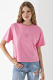 Kadın Bisiklet Yaka Baskılı %100 Pamuklu T-Shirt Pembe - 925024