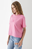 Kadın Bisiklet Yaka Baskılı %100 Pamuklu T-Shirt Pembe - 925024