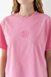 Kadın Bisiklet Yaka Baskılı %100 Pamuklu T-Shirt Pembe - 925024