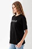 Kadın Bisiklet Yaka Baskılı Pamuklu T-Shirt Siyah - 925015