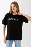Kadın Bisiklet Yaka Baskılı Pamuklu T-Shirt Siyah - 925015