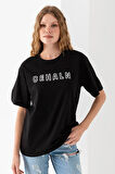 Kadın Bisiklet Yaka Baskılı Pamuklu T-Shirt Siyah - 925015