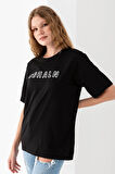 Kadın Bisiklet Yaka Baskılı Pamuklu T-Shirt Siyah - 925015