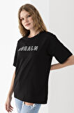 Kadın Bisiklet Yaka Baskılı Pamuklu T-Shirt Siyah - 925015