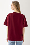 Kadın Bisiklet Yaka Ayıcık Baskılı T-Shirt Bordo - 25764