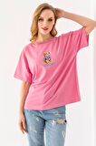 Kadın Bisiklet Yaka Ayıcık Baskılı T-Shirt Pembe - 25764