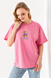 Kadın Bisiklet Yaka Ayıcık Baskılı T-Shirt Pembe - 25764