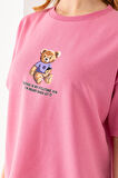 Kadın Bisiklet Yaka Ayıcık Baskılı T-Shirt Pembe - 25764