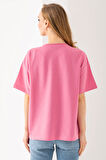 Kadın Bisiklet Yaka Ayıcık Baskılı T-Shirt Pembe - 25764