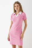 Kadın Polo Yaka Kısa Kollu Çizgili Elbise Pembe Beyaz - 25538
