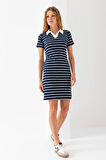 Kadın Polo Yaka Kısa Kollu Çizgili Elbise Lacivert Beyaz - 25538