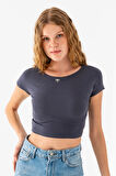 Kadın Bisiklet Yaka Fiyonk Aksesuarlı Crop T-Shirt Antrasit - 25805