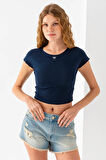 Kadın Bisiklet Yaka Fiyonk Aksesuarlı Crop T-Shirt Lacivert - 25805