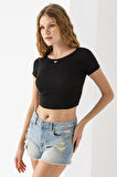 Kadın Bisiklet Yaka Fiyonk Aksesuarlı Crop T-Shirt Siyah - 25805