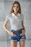 Kadın Polo Yaka Çizgili Pamuklu T-Shirt Beyaz Siyah - 25795