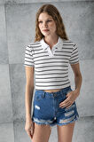 Kadın Polo Yaka Çizgili Pamuklu T-Shirt Beyaz Siyah - 25795