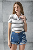 Kadın Polo Yaka Çizgili Pamuklu T-Shirt Beyaz Siyah - 25795