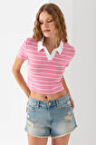 Kadın Polo Yaka Çizgili Pamuklu T-Shirt Pembe Beyaz - 25795