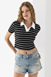 Kadın Polo Yaka Çizgili Pamuklu T-Shirt Siyah Beyaz - 25795