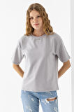 Kadın Bisiklet Yaka Kroche Aksesuarlı T-Shirt Gri - 25779
