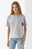 Kadın Bisiklet Yaka Kroche Aksesuarlı T-Shirt Gri - 25779