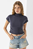 Kadın Dik Yaka Pamuklu Basic T-Shirt Füme - 25872