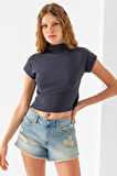 Kadın Dik Yaka Pamuklu Basic T-Shirt Füme - 25872